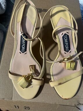 Tom Ford Pale Yellow Leather Strappy Sandals with Gold Padlock Charm